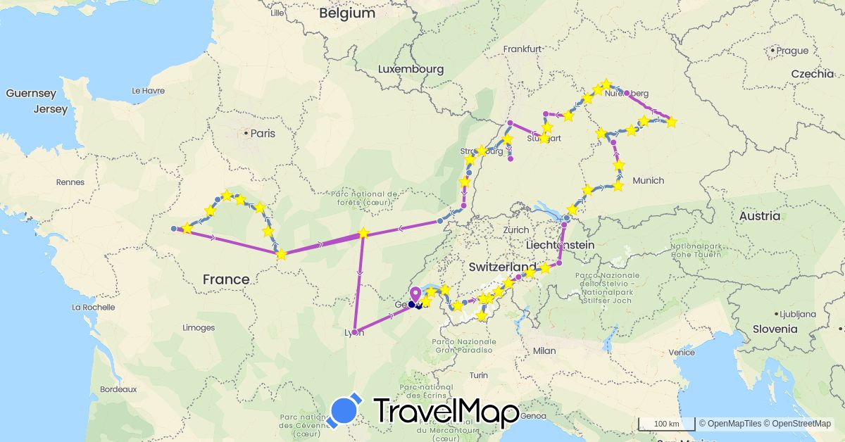 TravelMap itinerary: driving, plane, cycling, train in Switzerland, Germany, France (Europe)