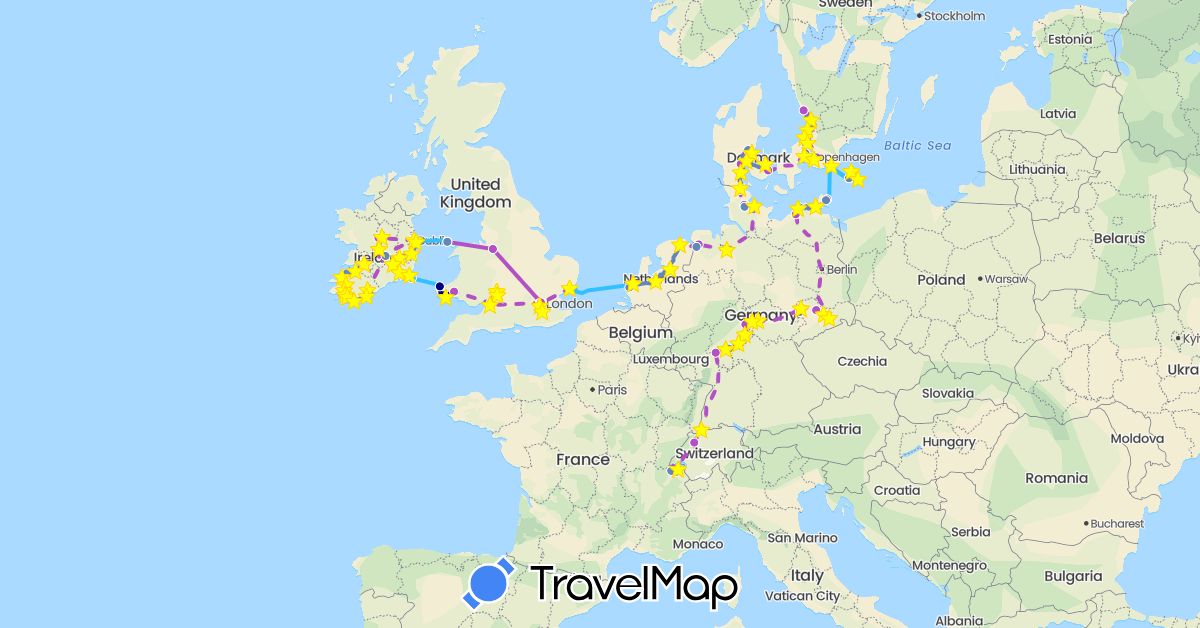 TravelMap itinerary: driving, cycling, train, boat in Switzerland, Germany, Denmark, France, United Kingdom, Ireland, Netherlands, Sweden (Europe)
